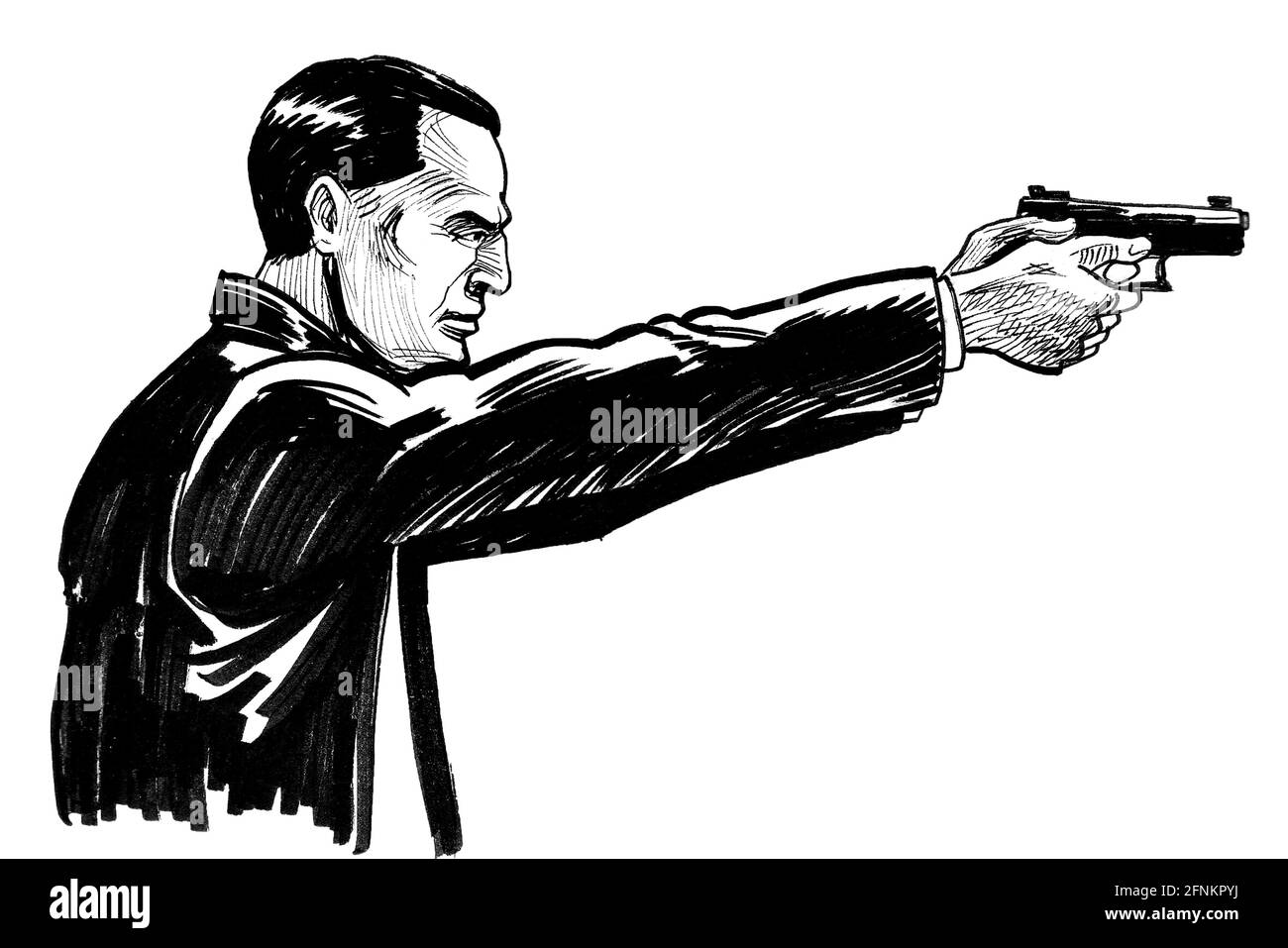 Gangster aiming with a gun. Ink black and white drawing Stock Photo