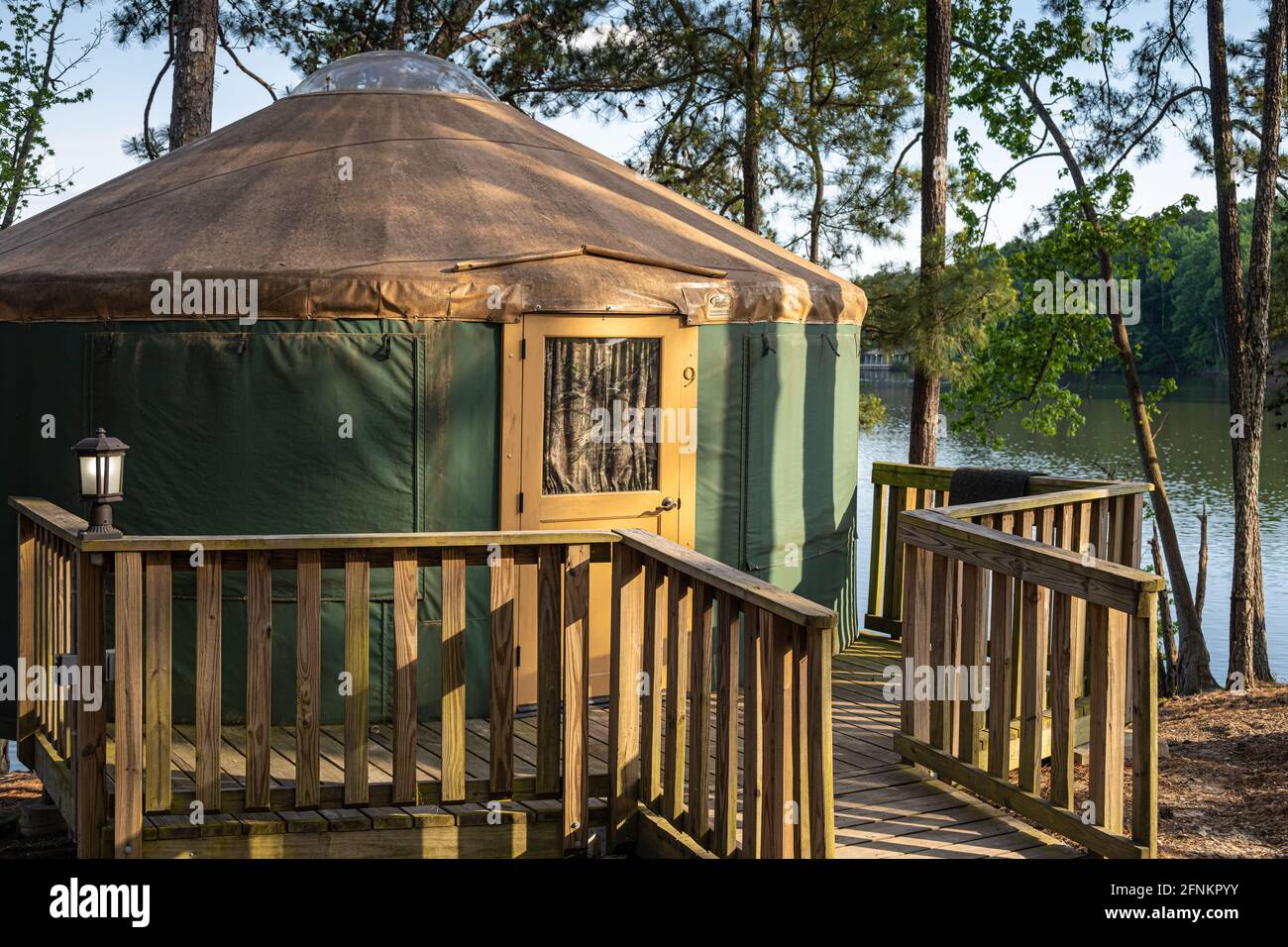 Lakefront yurt at Stone Mountain Campground in Stone Mountain Park near Atlanta, Georgia. (USA) Stock Photo