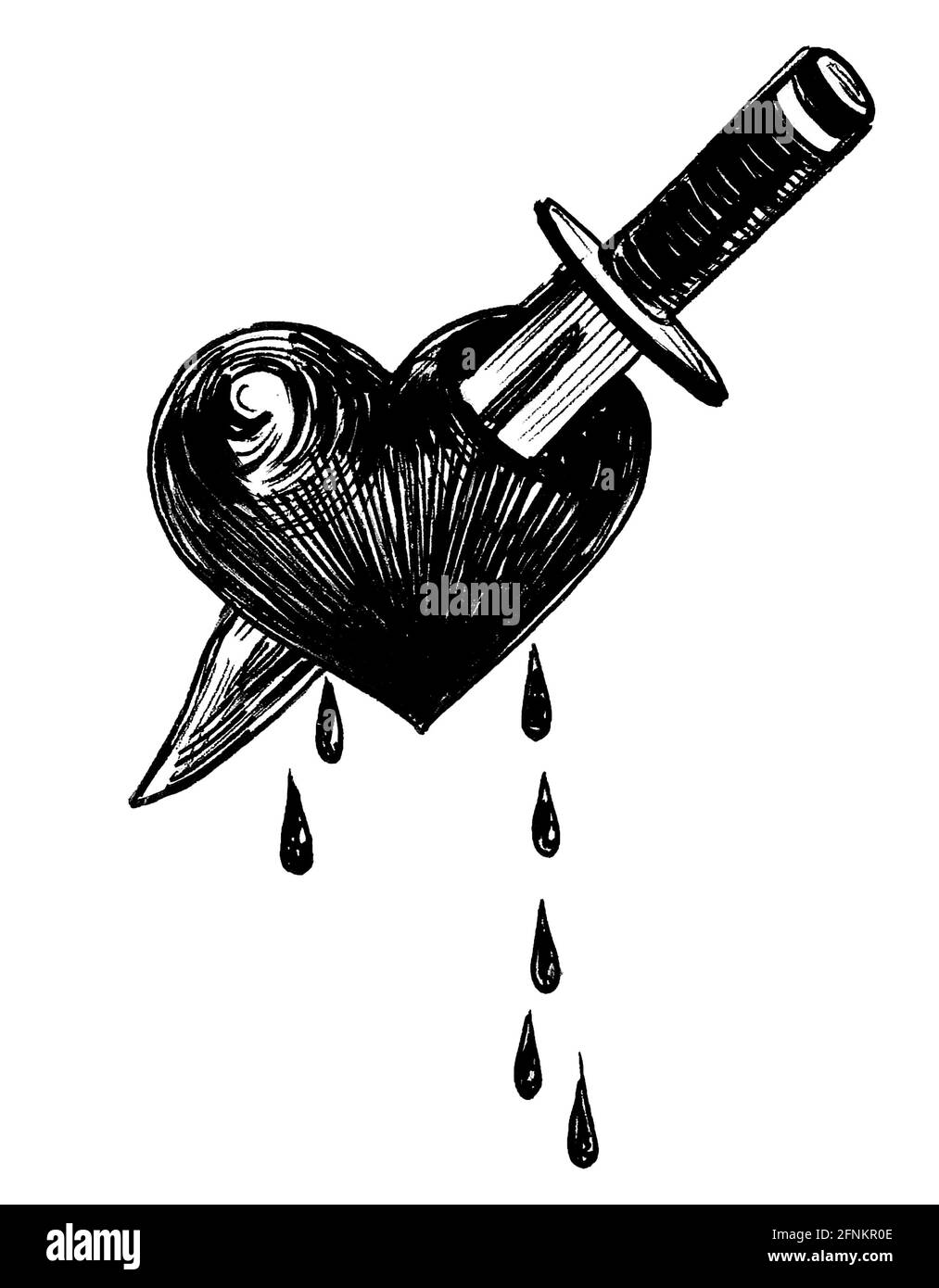 Knife and bleeding heart. Ink black and white drawing Stock Photo - Alamy