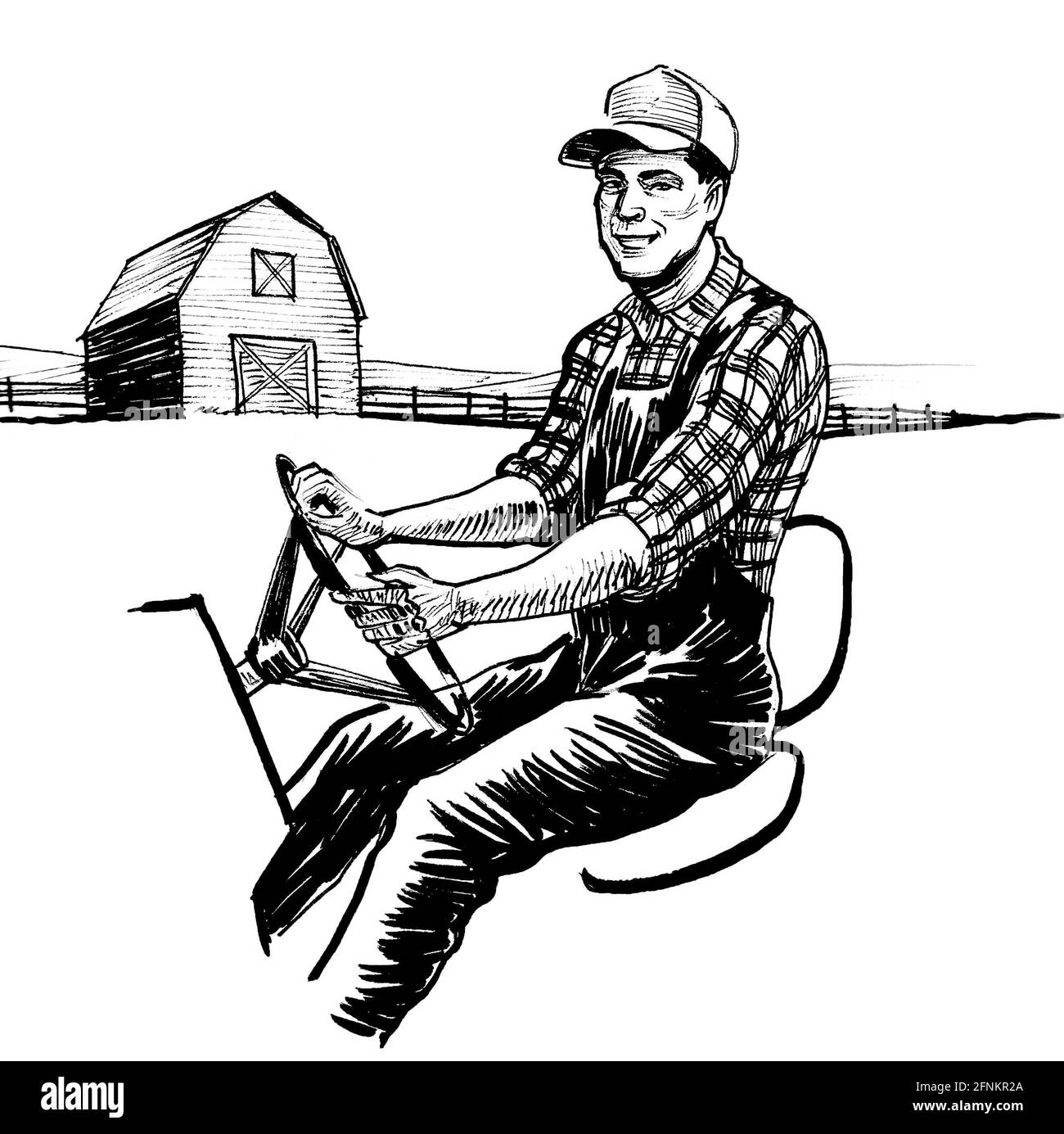 Farmer driving tractor in the countryside. Ink black and white drawing Stock Photo