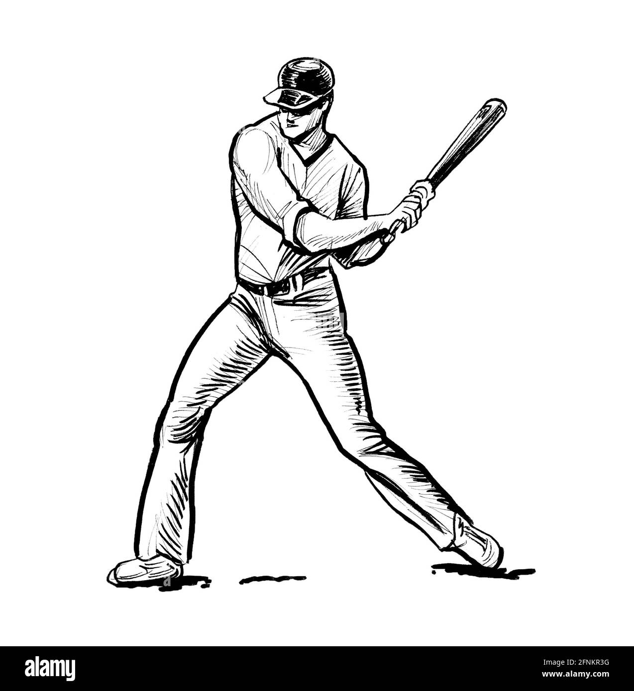 Baseball player with a bat. Ink black and white drawing Stock Photo Alamy
