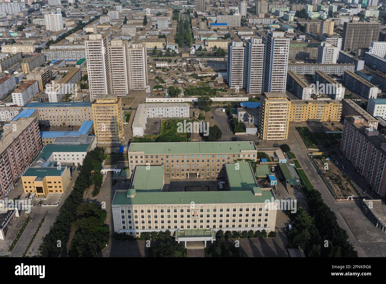 08.08.2012, Pyongyang, North Korea, Asia - Cityscape with office and residential buildings in the city centre around Tongsin-Dong district. Stock Photo