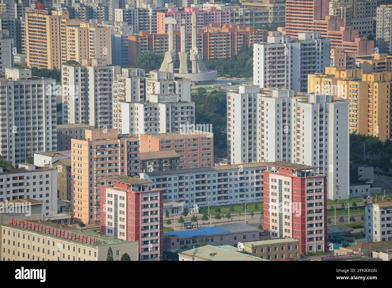 08.08.2012, Pyongyang, North Korea, Asia - Cityscape with residential buildings in the city centre of the North Korean capital seen from Juche Tower. Stock Photo
