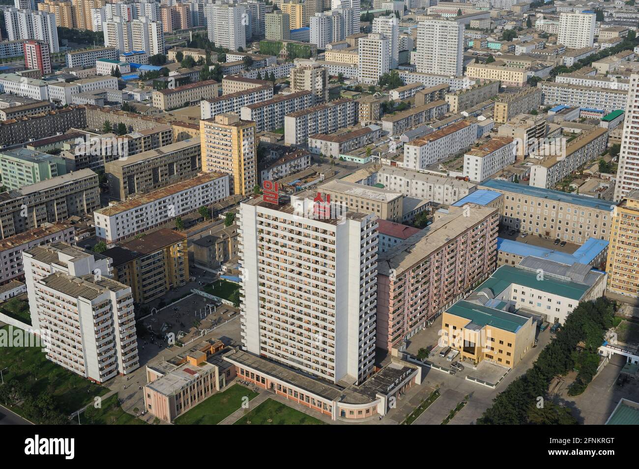 08.08.2012, Pyongyang, North Korea, Asia - Cityscape with office and residential buildings in the city centre around Tongsin-Dong and Tongdaewon-Dong. Stock Photo