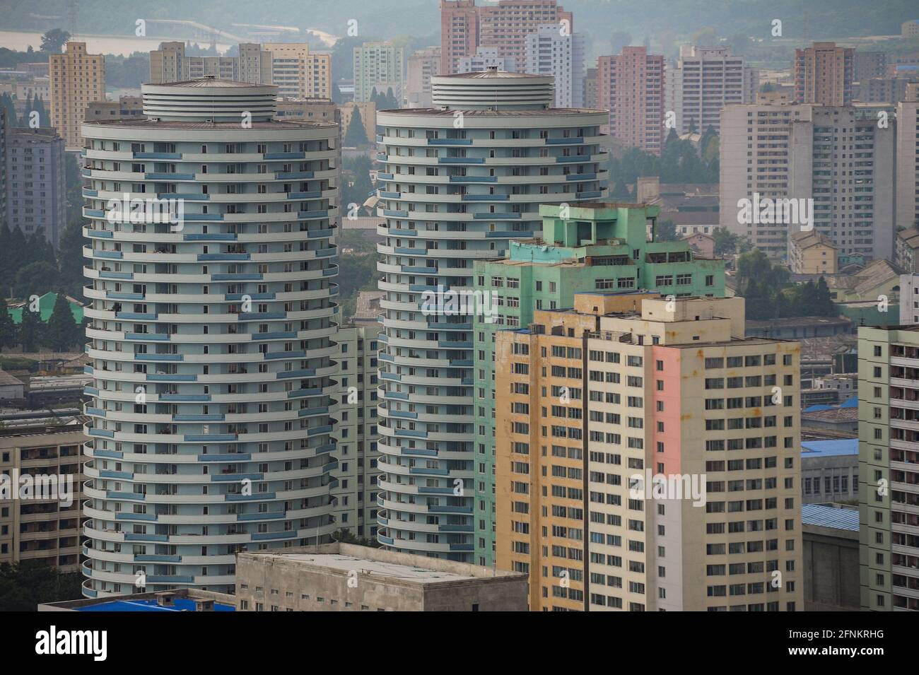 09.08.2012, Pyongyang, North Korea, Asia - Cityscape with residential high-rise buildings in the city centre of the North Korean capital. Stock Photo