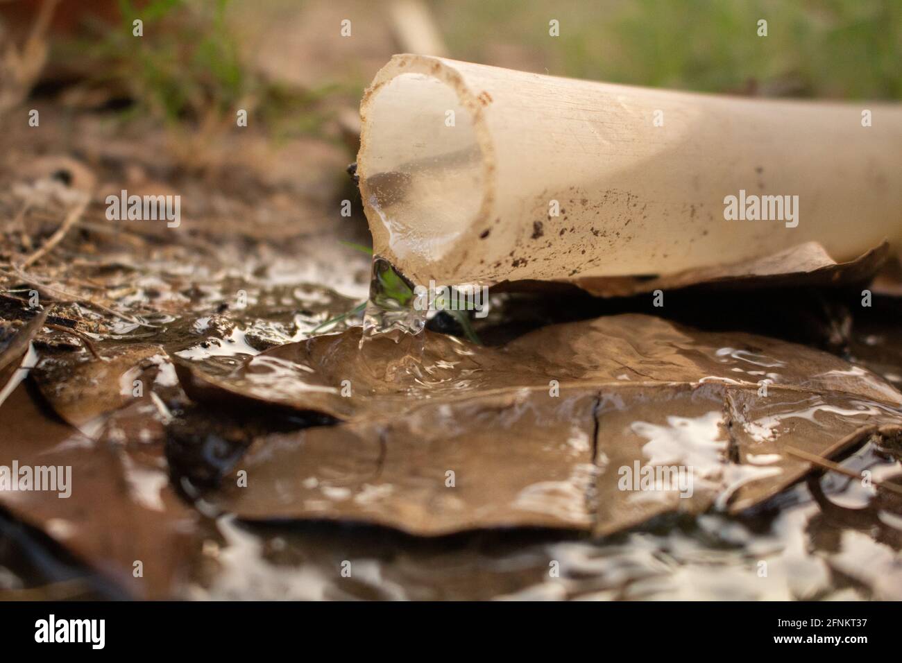Water flowing out of a pipe onto the littered ground Stock Photo Alamy