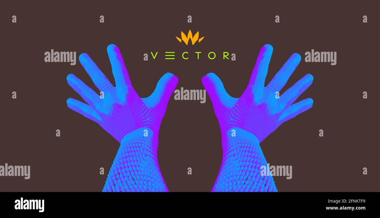Two hands making stop gesture. Connection structure. 3D vector illustration for protection or control. Stock Vector