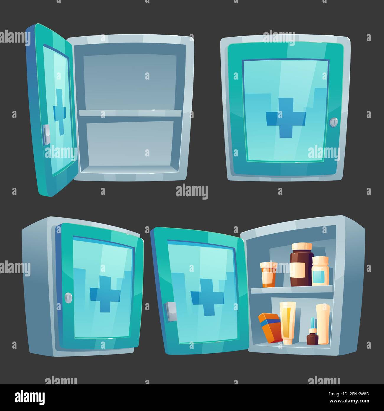 First aid kit, medicine box with pharmacy. Closed and open wall chest with  drugs, pills packs