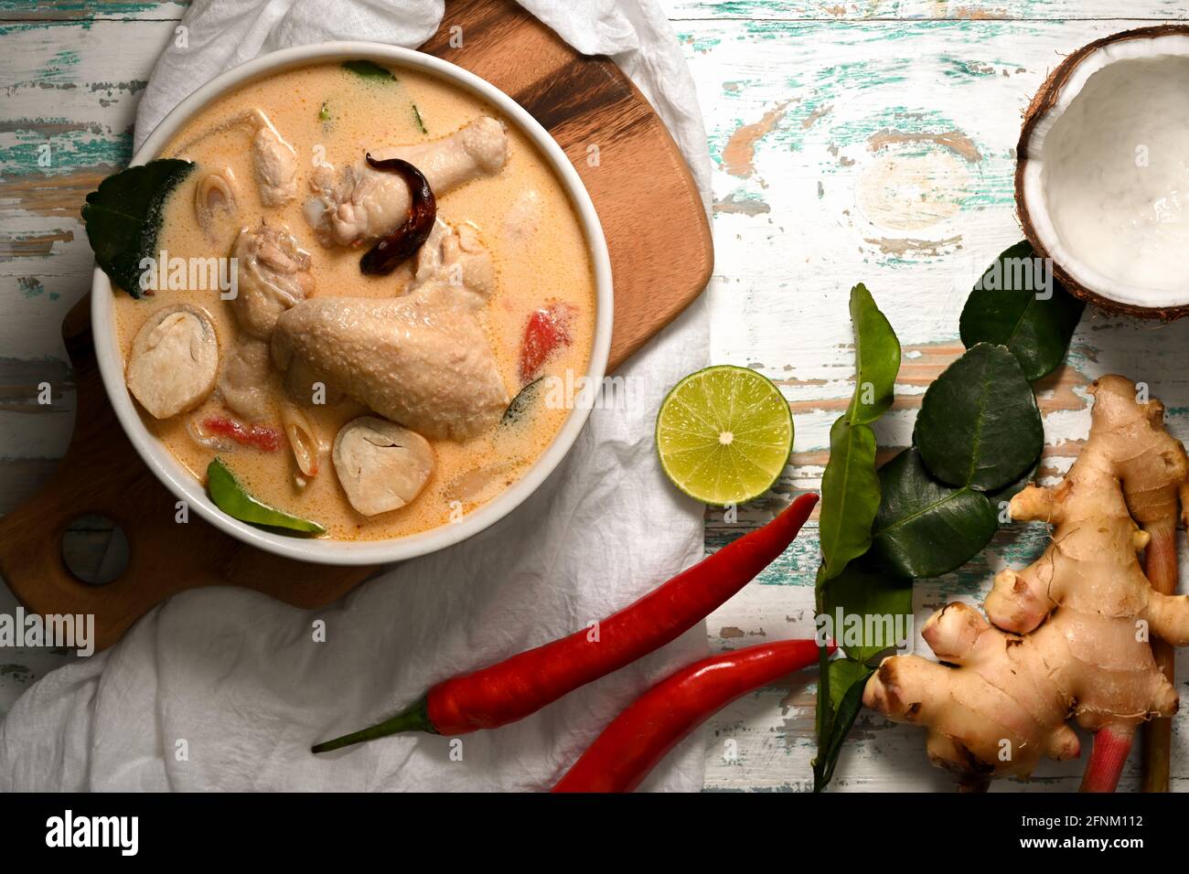 Top View Of Tom Kha Gai Coconut Milk Soup With Chicken Thai Food On top-view-of-tom-kha-gai-coconut-milk-soup-with-chicken-thai-food-on