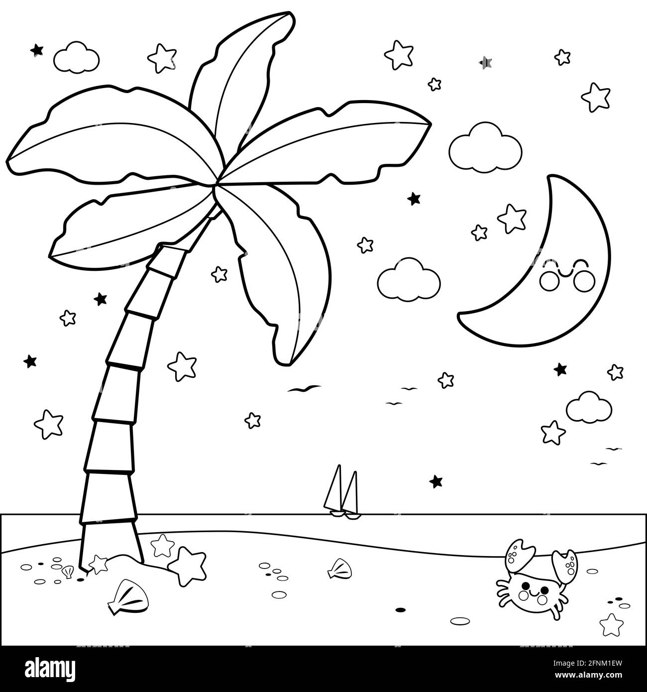 Tropical beach with palm tree at night. Black and white coloring book page. Stock Photo