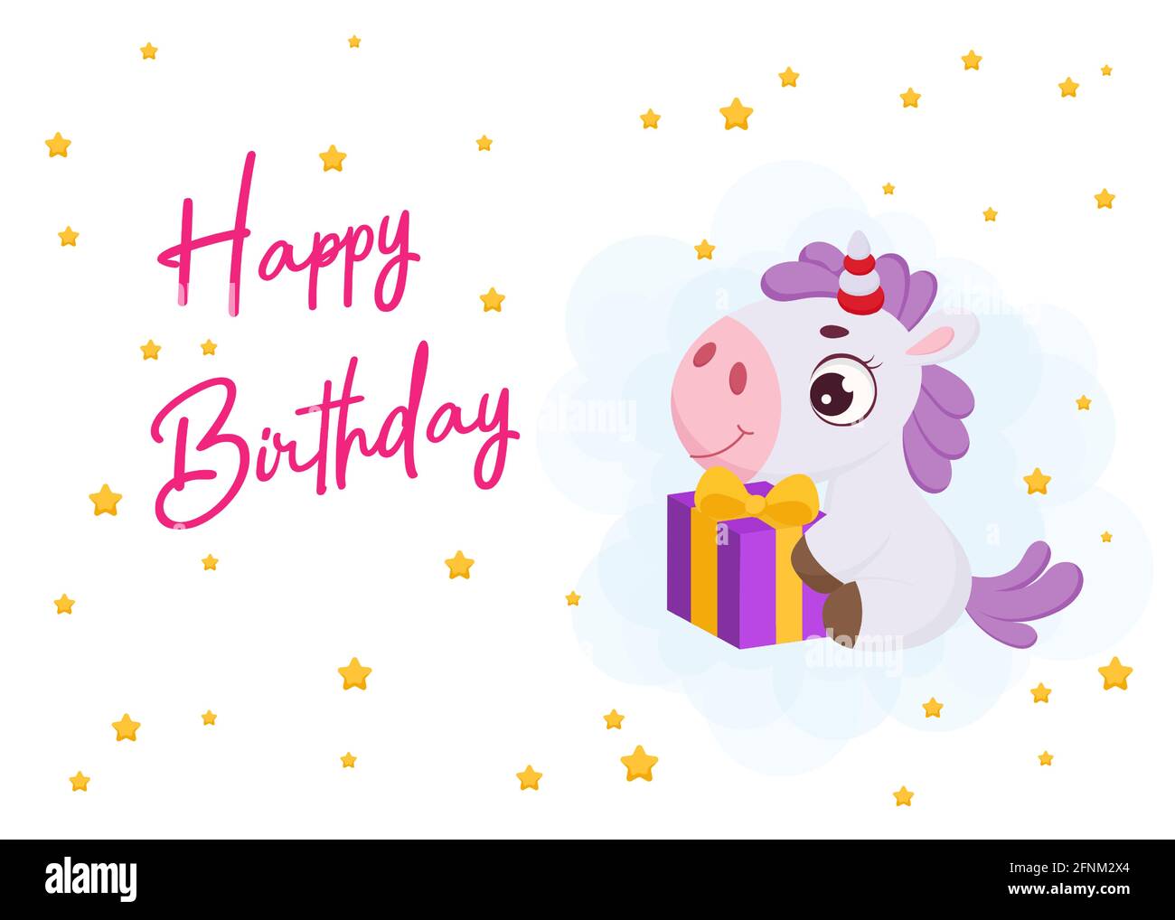 happy birthday printable party greeting card template with cute magical unicorn sitting with gift box bright colored stock vector illustration stock vector image art alamy