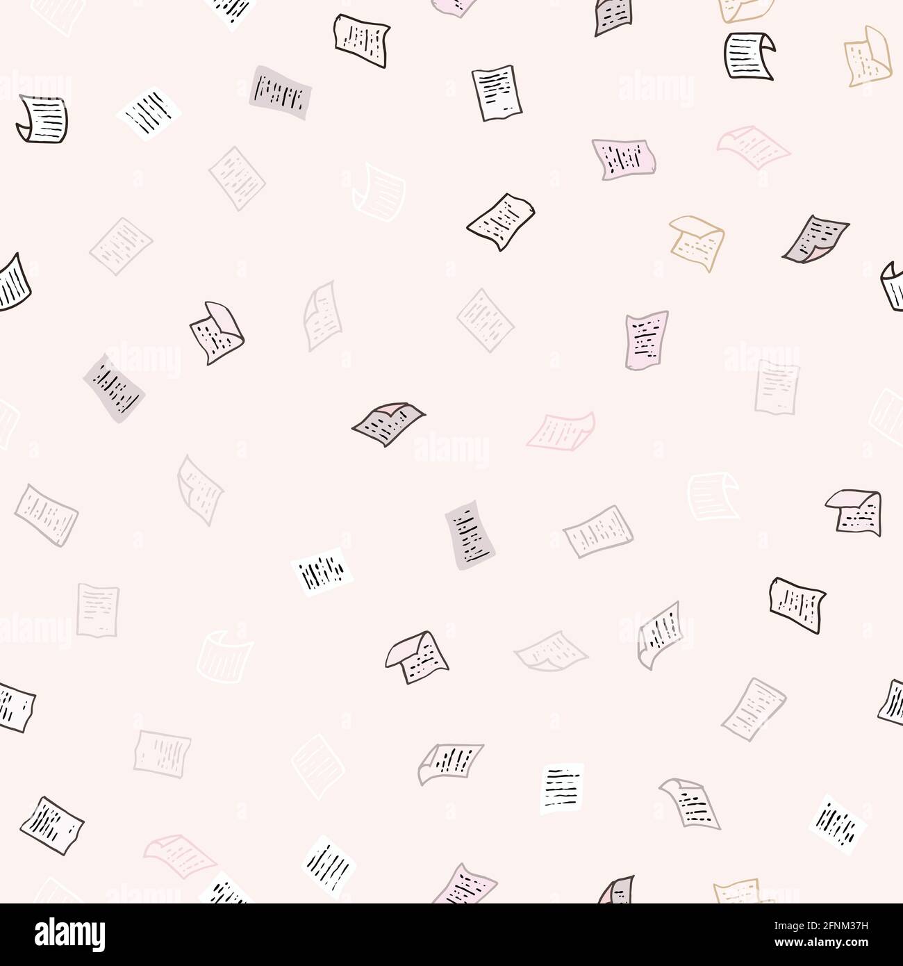 Seamless vector background with flying, falling, scattered office paper sheets, documents. Background with flight paper, illustration of clear chaotic Stock Vector