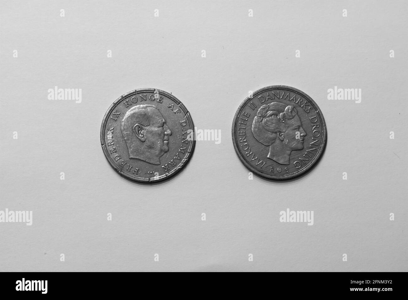black and white of coins from denmark Stock Photo