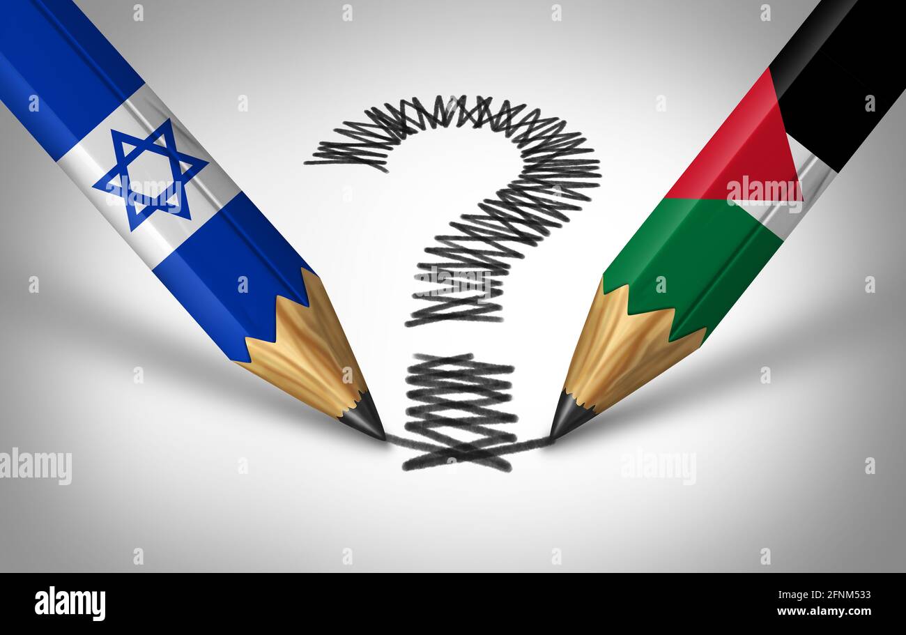 Israel and Palestine crisis and middle east conflict or Israeli and Palestinian questions with two opposing sides as pencils drawing. Stock Photo