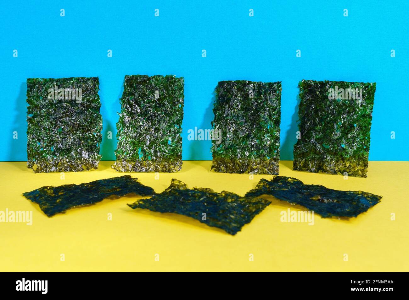 Crispy nori seaweed close up. Japanese food nori. Dry seaweed sheets