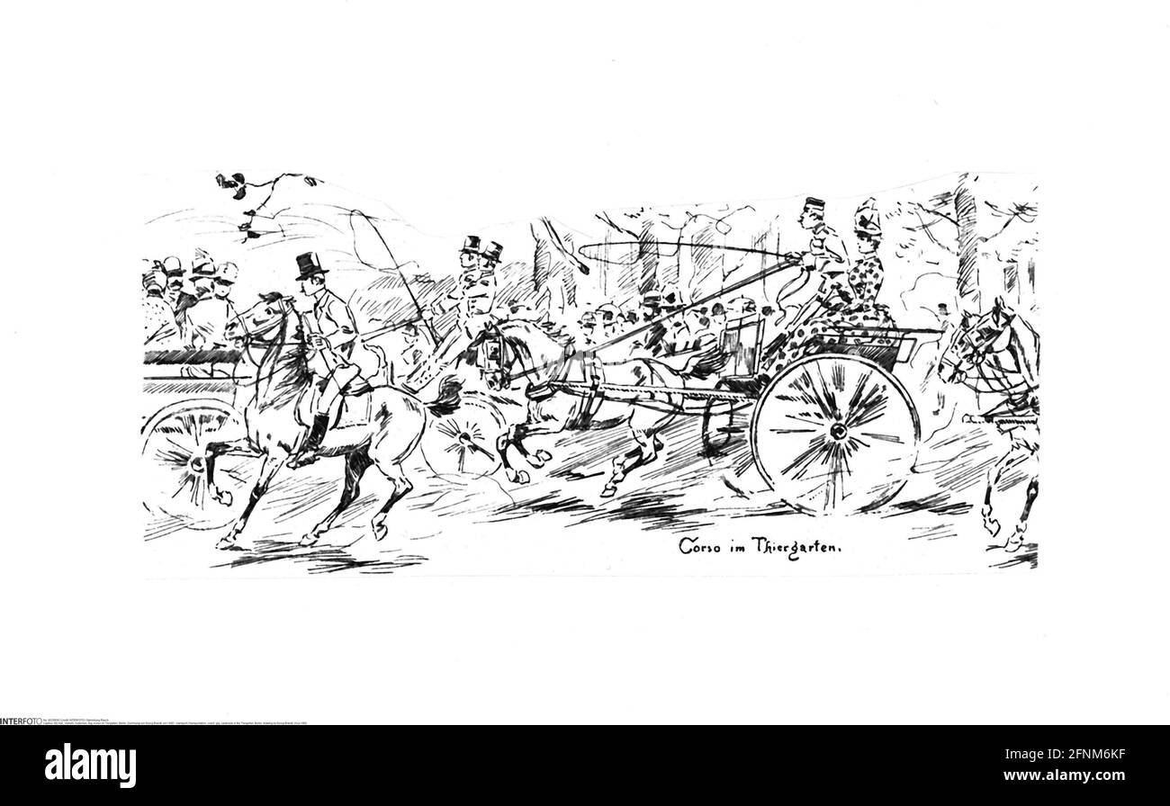 transport / transportation, coach, gig, cavalcade in the Tiergarten, Berlin, drawing by Georg Brandt, ADDITIONAL-RIGHTS-CLEARANCE-INFO-NOT-AVAILABLE Stock Photo