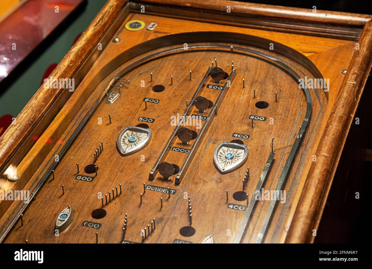 Moscow, Russia - April 29, 2021: Pinball museum. Pinball table close up view of vintage game machine Stock Photo