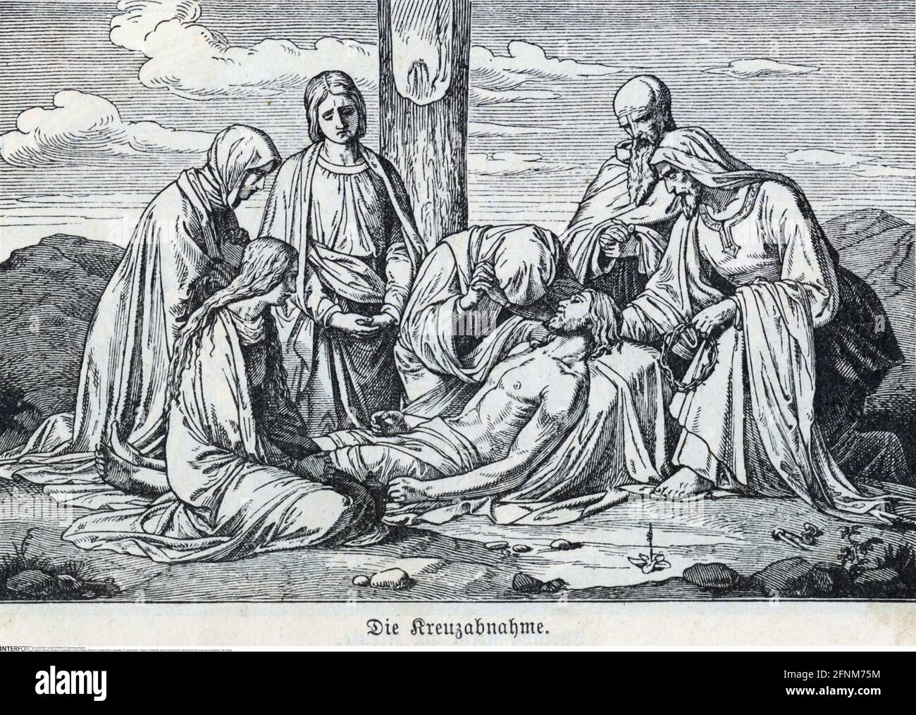 religion, Christianity, Jesus Christ, passion, descent from the cross, wood engraving, 19th century, ADDITIONAL-RIGHTS-CLEARANCE-INFO-NOT-AVAILABLE Stock Photo