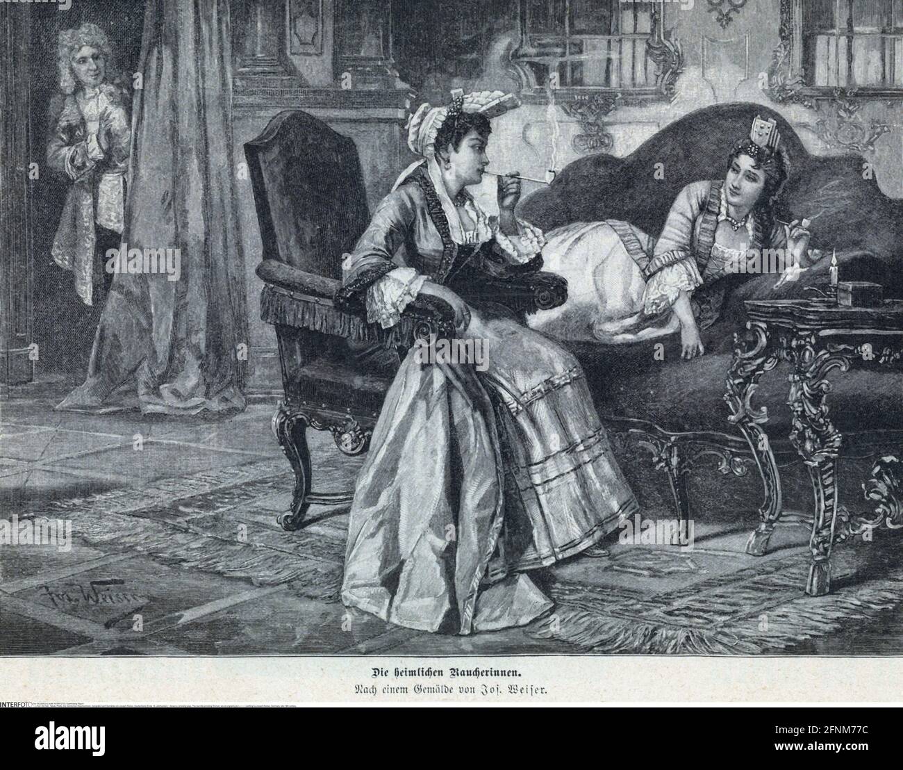 tobacco, smoking pipe, The secretly smoking Women, wood engraving based