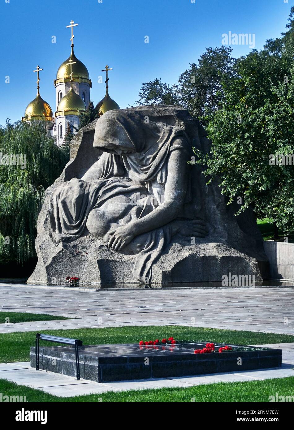 Russia; Volgograd.  The Square of Sorrow on the top of the hill contains an impressive sculpture of a grieving mother holding her dead son during the Stock Photo