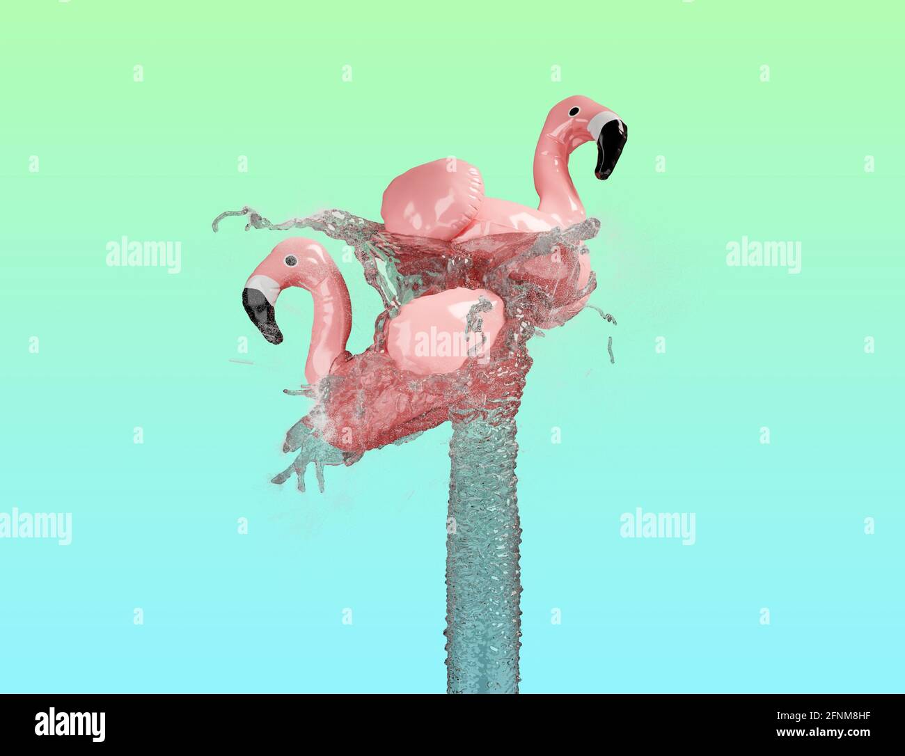 flamingo floats on water fountain with splashes and gradient pastel