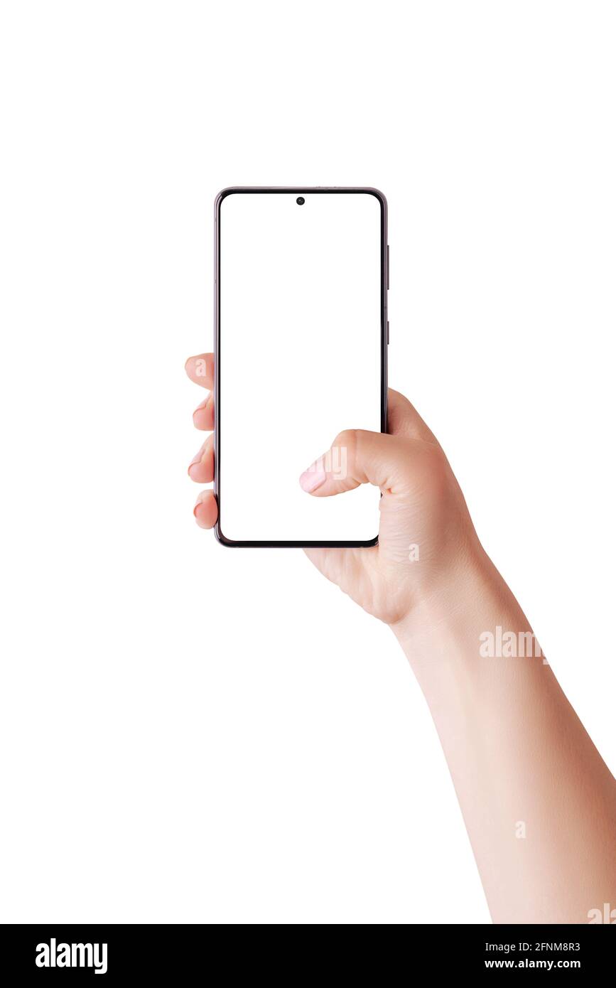 Woman hand holding phone and touch display with thumb. Isolated screen and background for mockup Stock Photo