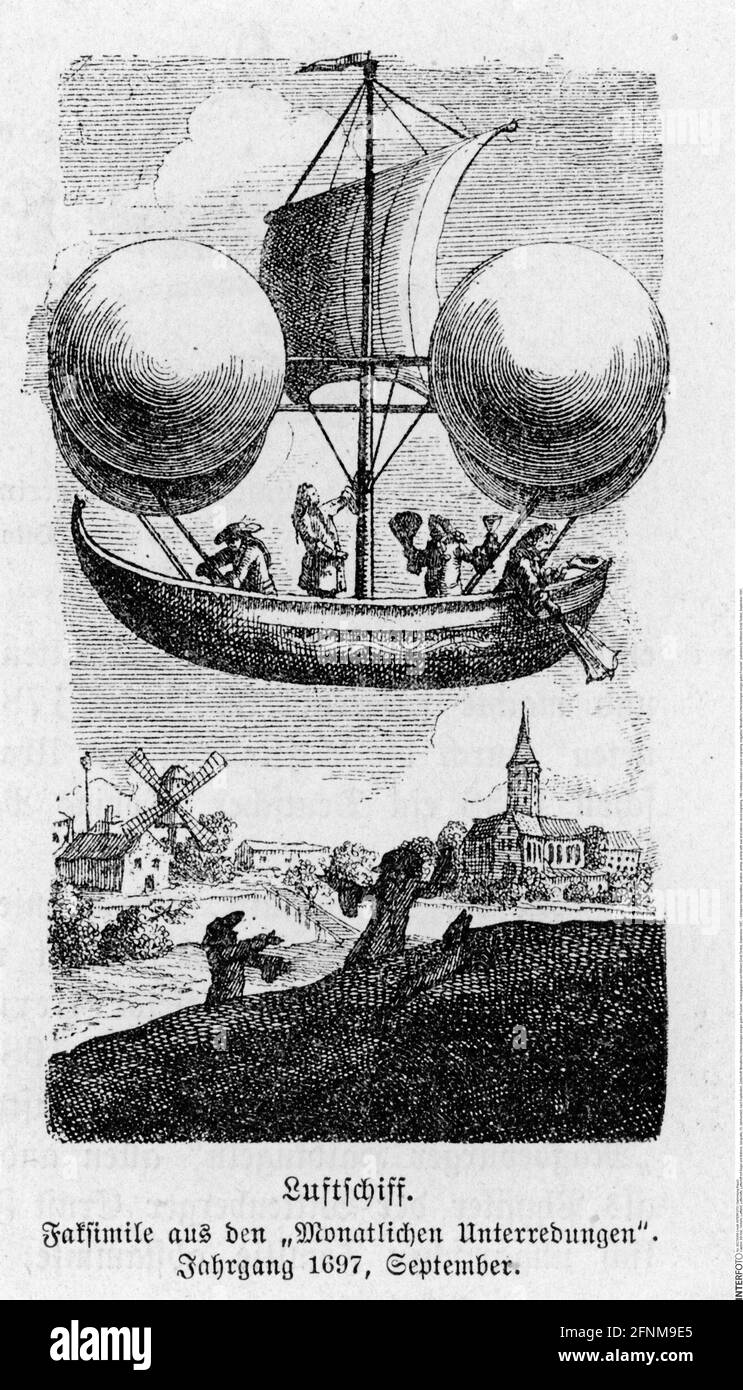 transport / transportation, aviation, airship, airship with sail and balloon, wood engraving, ADDITIONAL-RIGHTS-CLEARANCE-INFO-NOT-AVAILABLE Stock Photo