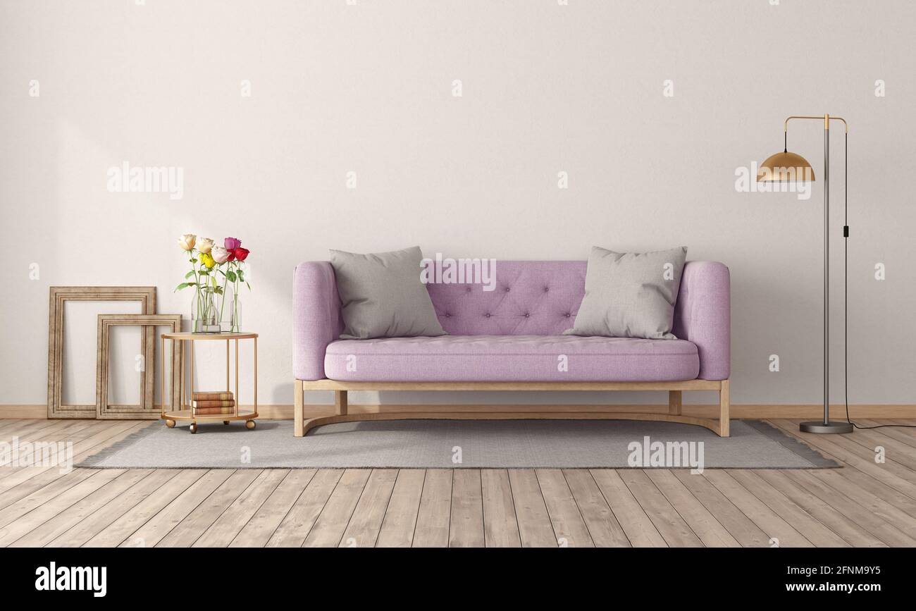 Retro style room with pink sofa,floor lamp and side table with colorful roses - 3d rendering Stock Photo