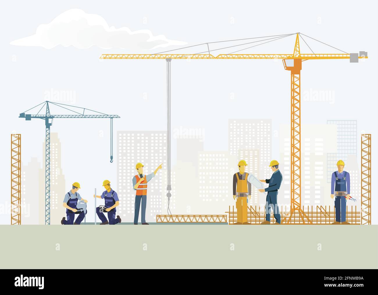 Building construction work with construction workers on the construction site Stock Vector