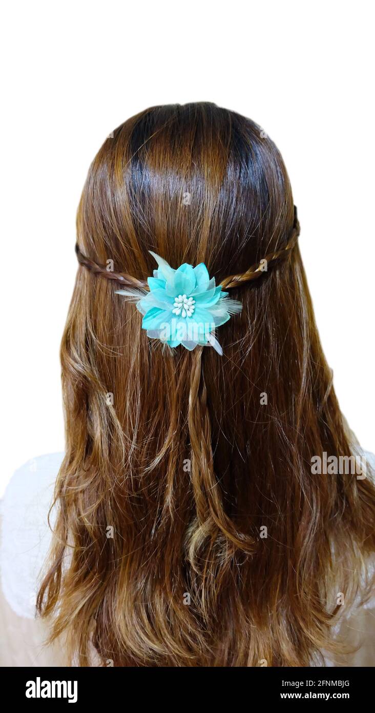 Back view shot of a young woman with long brunette hair with curly end, Stock Photo