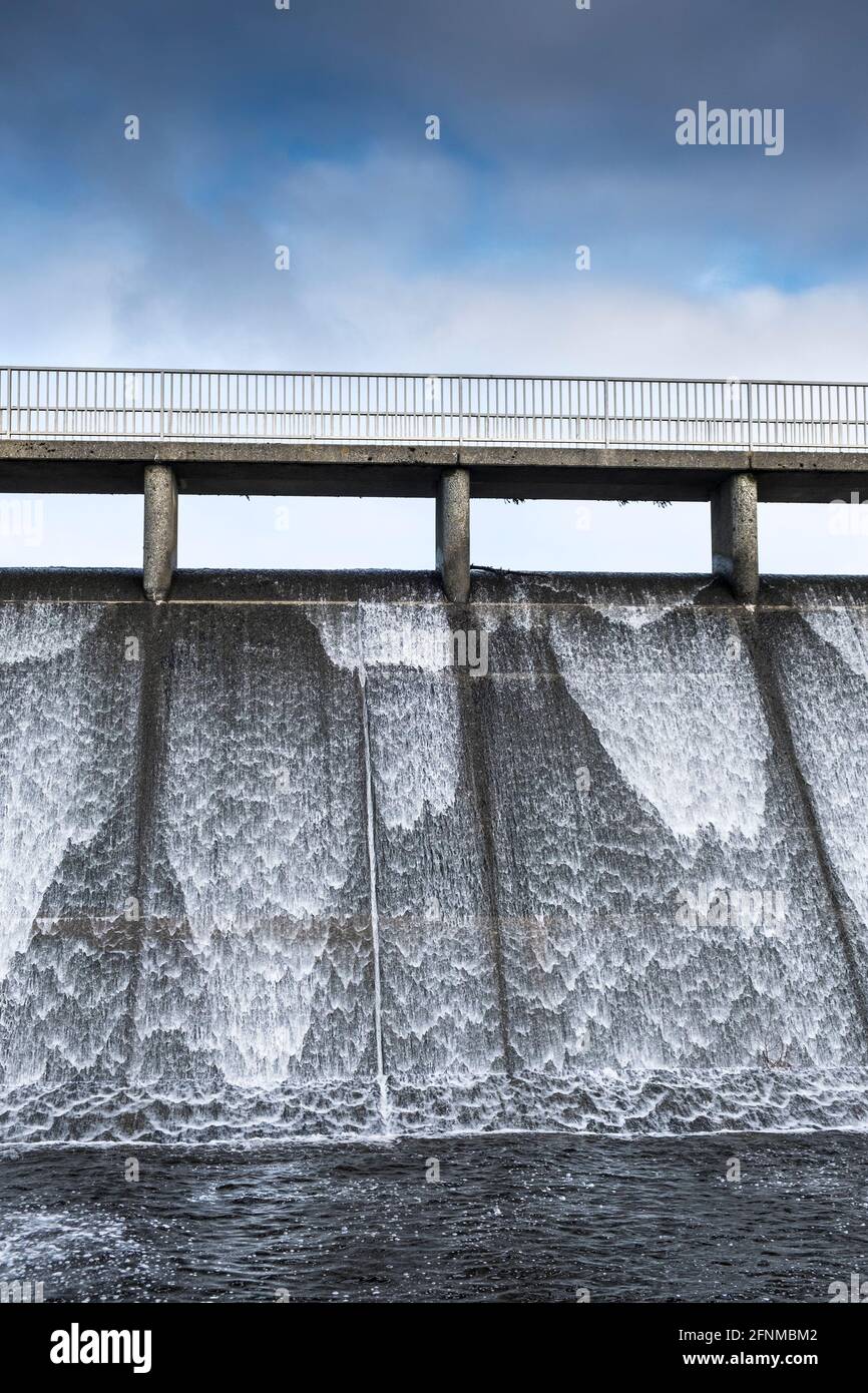 The overflow spillway of Crowdy Reservoir on Bodmin Moor in Cornwall. Stock Photo