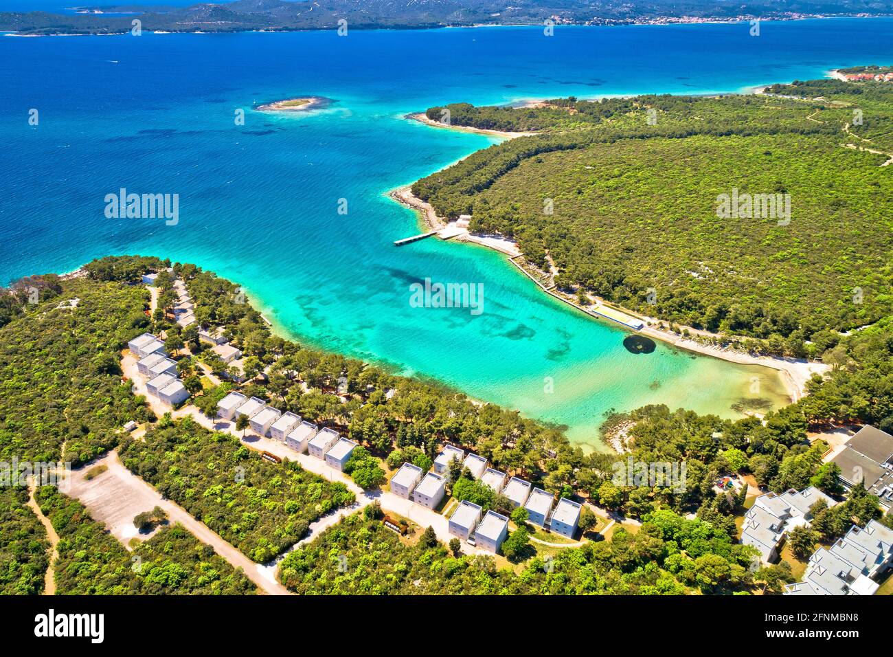 Crvena Luka turquoise beach and Vransko lake aerial view, Dalmatia region of Croatia Stock Photo