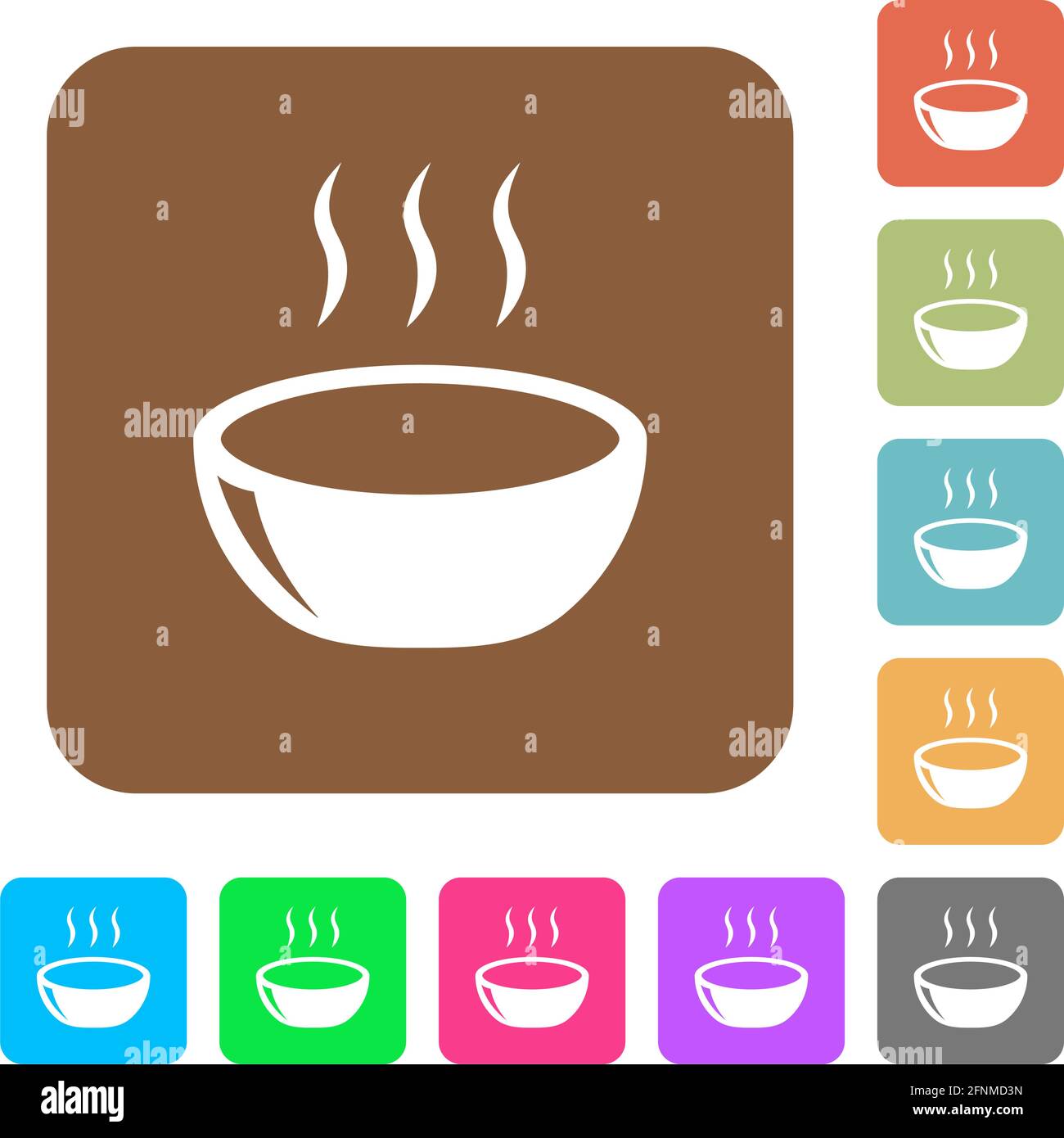 Glossy steaming bowl flat icons on rounded square vivid color backgrounds. Stock Vector