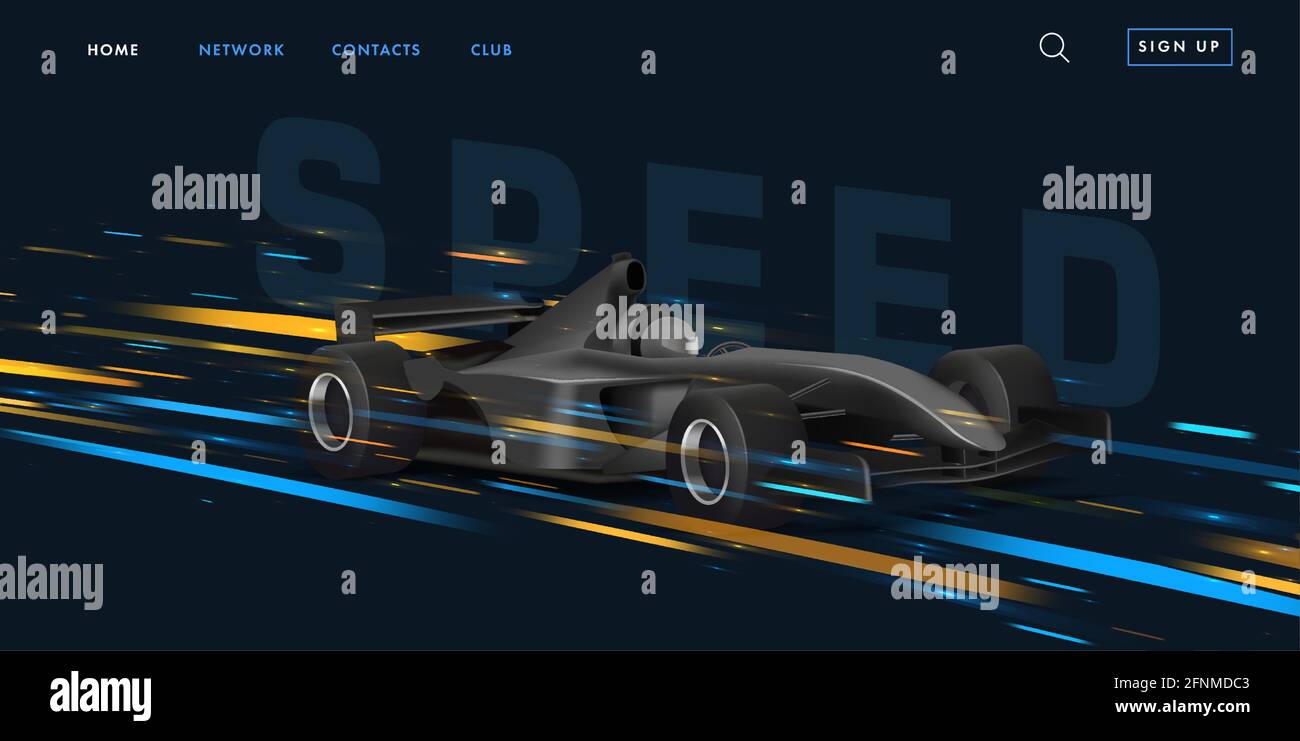 Web banner with super car sport bolide, black auto in movement with bright speed lights on dark background, promo website Stock Vector