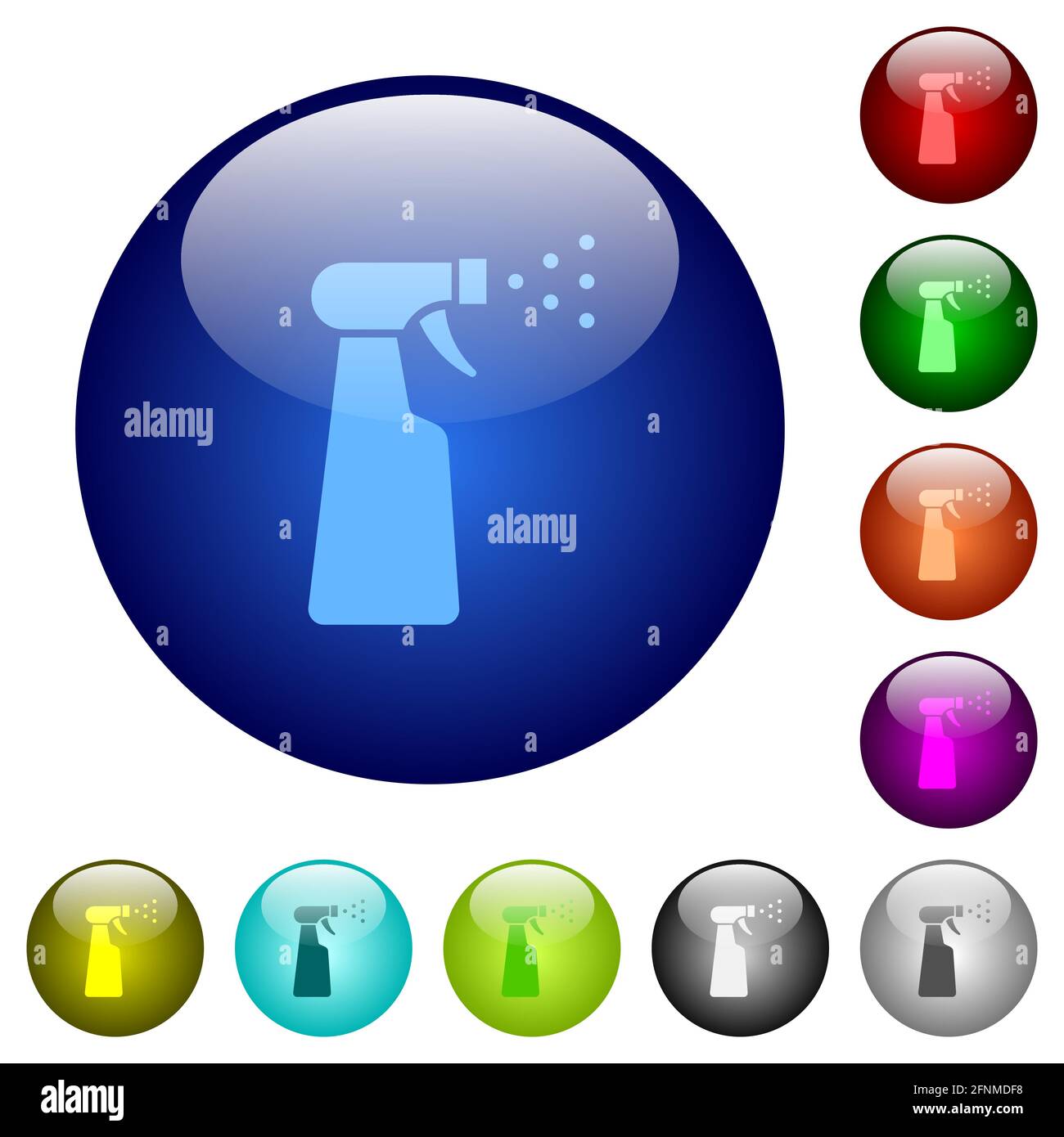 Spray bottle icons on round glass buttons in multiple colors. Arranged ...
