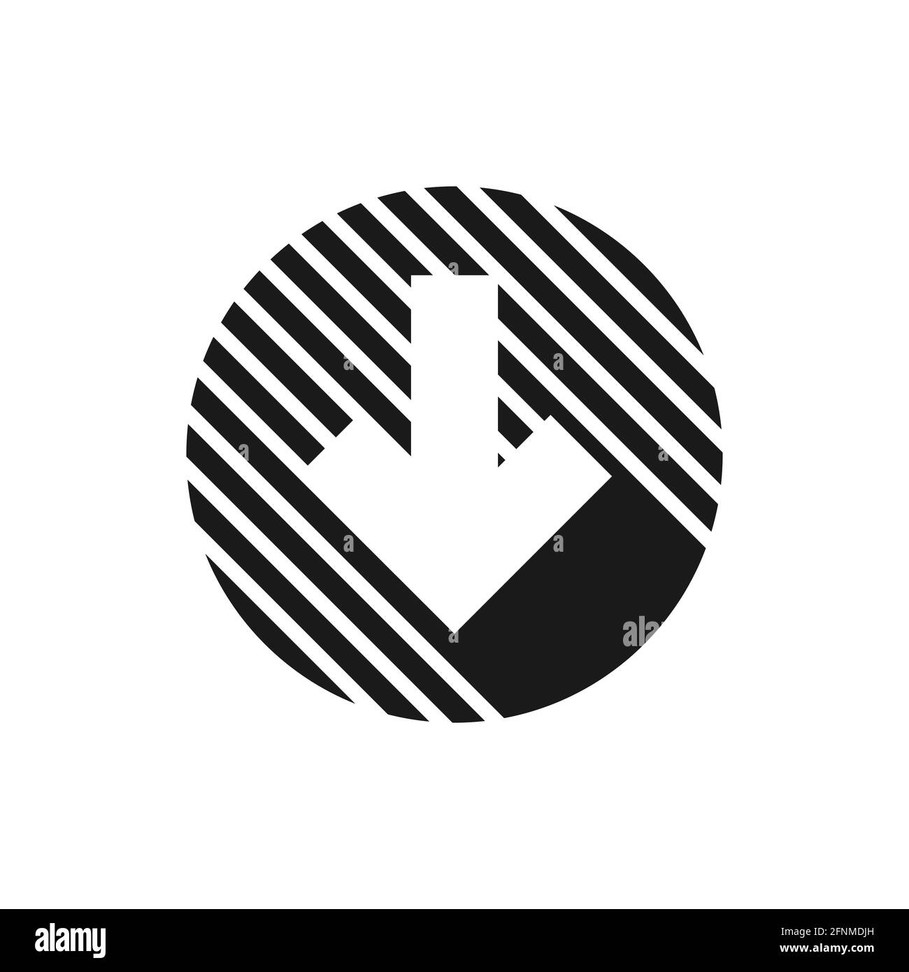 white squared arrow down with shadow in black stripy circle. Icon isolated on white. Download button. Next sign. South arrow. Stock Vector