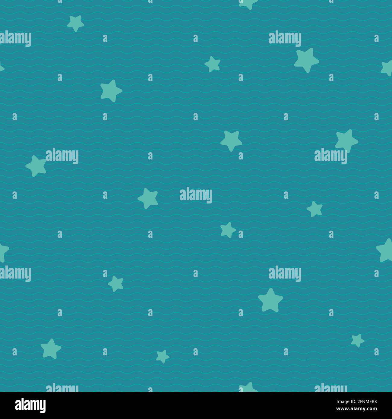 Seamless pattern with stars and waves on blue background. fantasy. Summer sea wallpaper. Magic vector ornament. Stock Vector