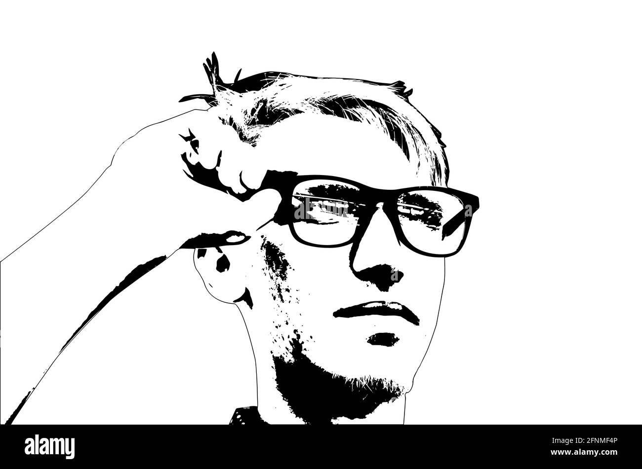 Simple Portrait of a Young Man Adjusting His Glasses. Handsome young man with fashionable hair looking off into the distance. Lifestyle. Vector illust Stock Vector