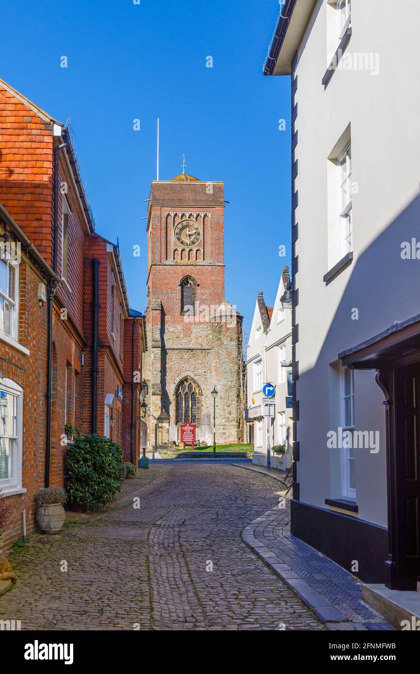 Parish Church of St Mary the Virgin, Diocese of Chichester, seen from Lombard Street in Petworth, a small town in West Sussex, south-east England Stock Photo