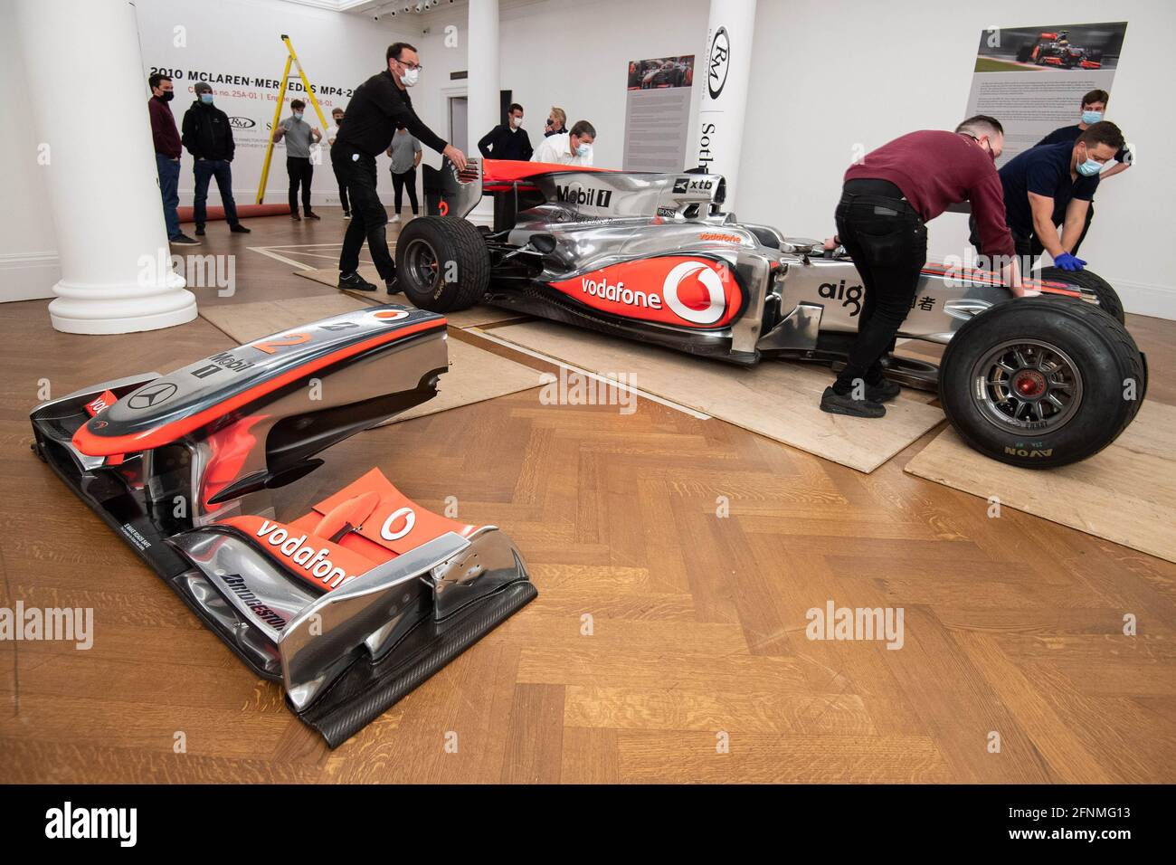 EDITORIAL USE ONLY Lewis Hamilton's 2010 McLaren Mercedes MP4-25A Formula 1  winning race car arrives at Sotheby's in London, as Formula 1 together with  RM Sotheby's announce a one-off single lot auction