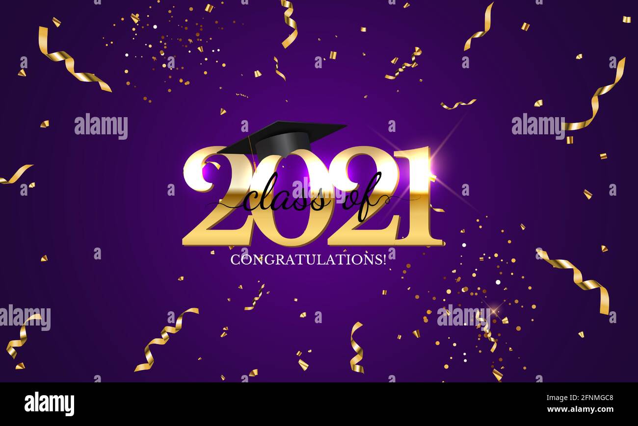 Graduation class of 2021 with graduation cap hat and confetti. Vector ...