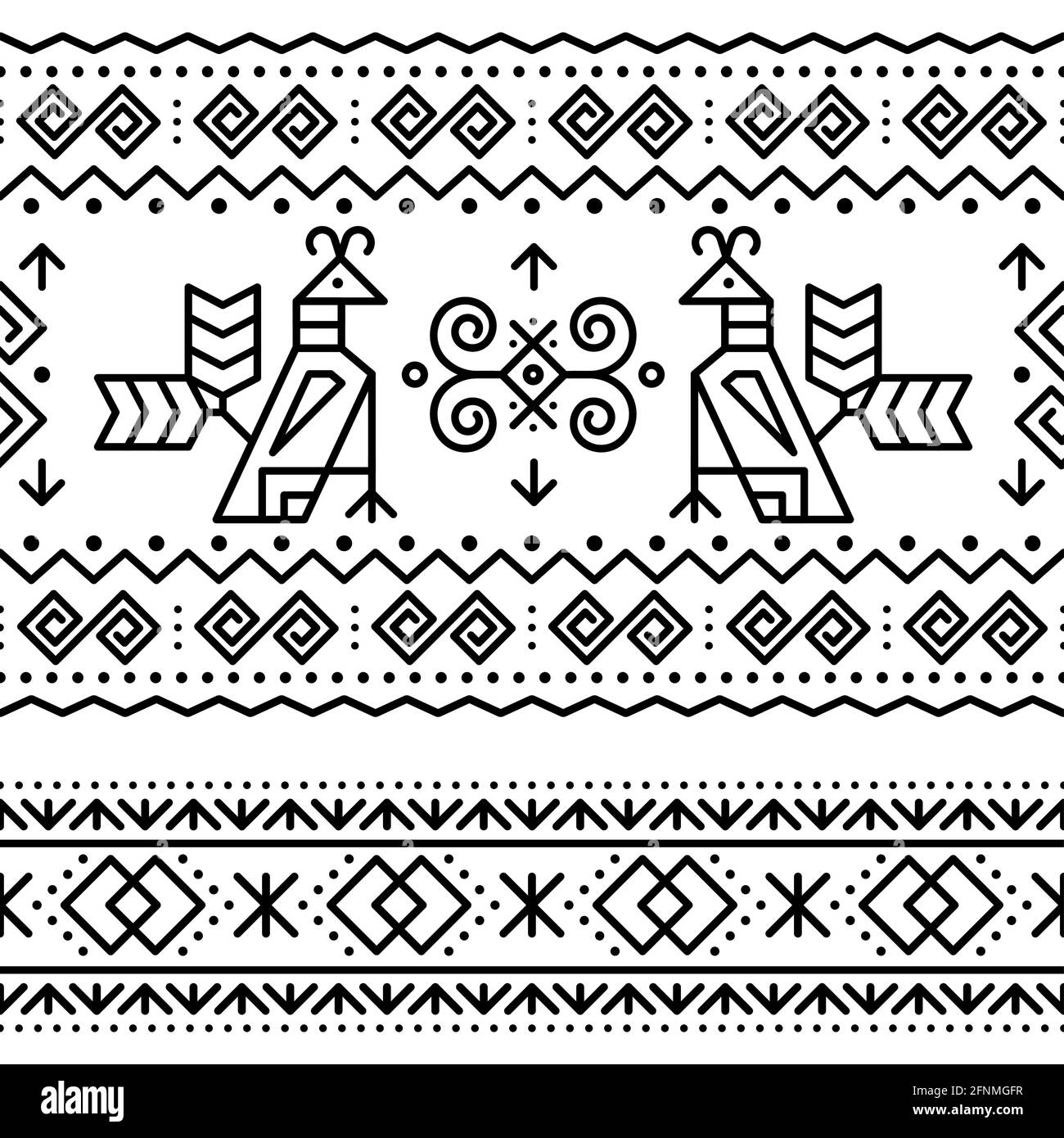 Slovak tribal folk art vector seamless geometric two black patterns with brids swirls, zig-zag shapes inspired by traditional painted art from village Stock Vector