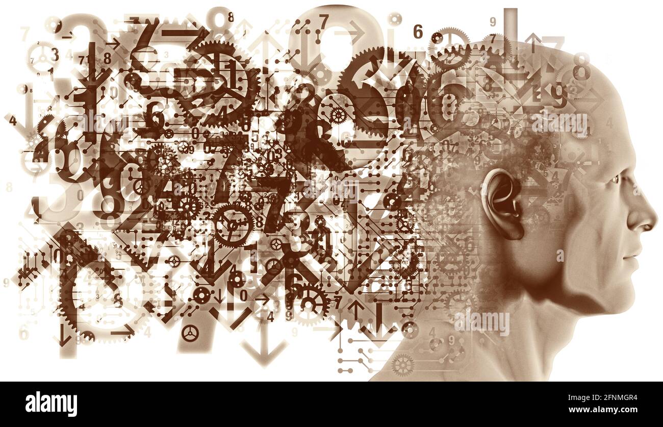 A figure side silhouette overlaid with a collection of various numerals, arrows, gears and computer circuit details. Stock Photo