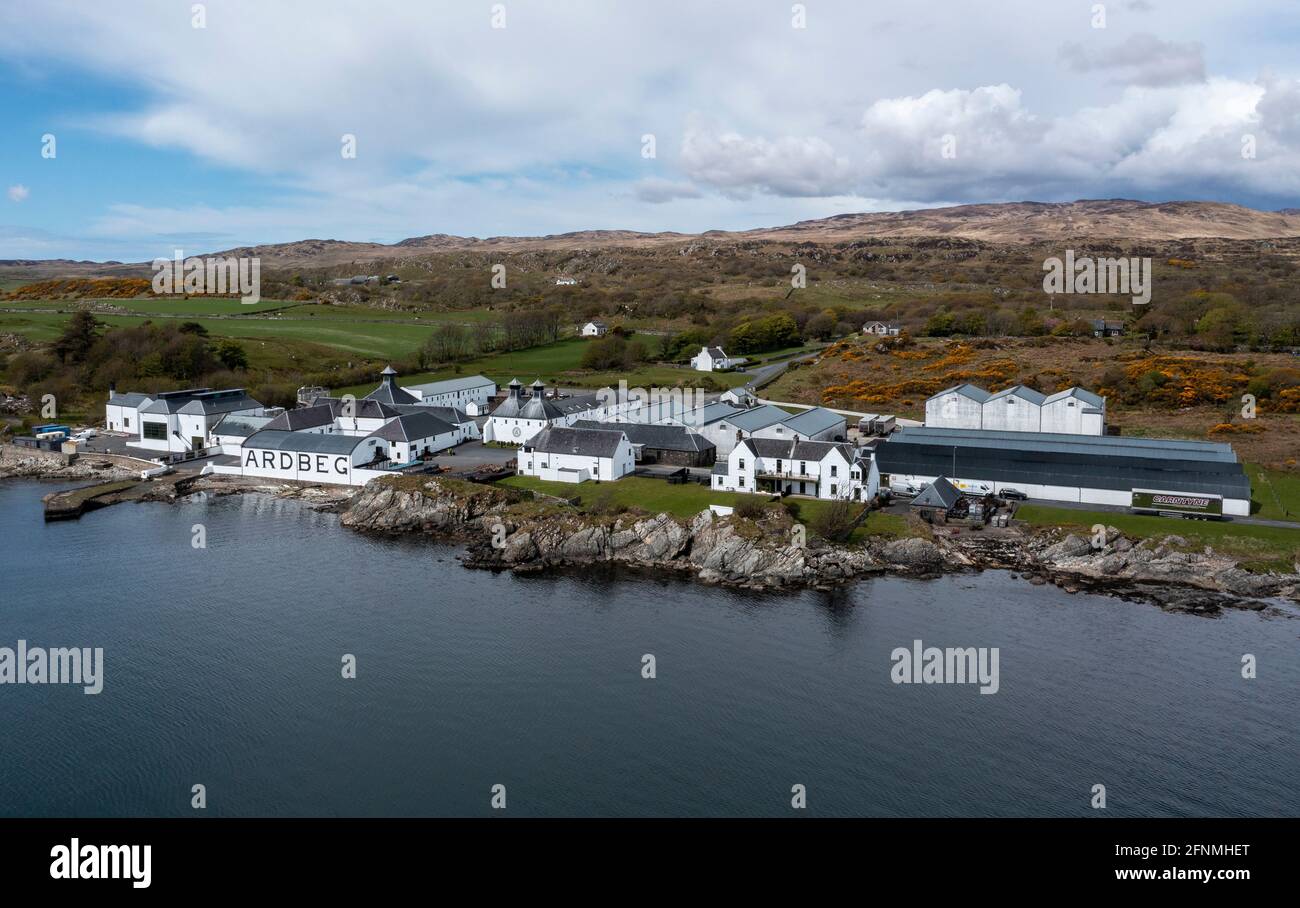 Aerial view of the Ardbeg Distillery, Islay, The distillery is owned by Louis Vuitton Moët Hennessy, and produces a heavily peated Islay whisky. Stock Photo