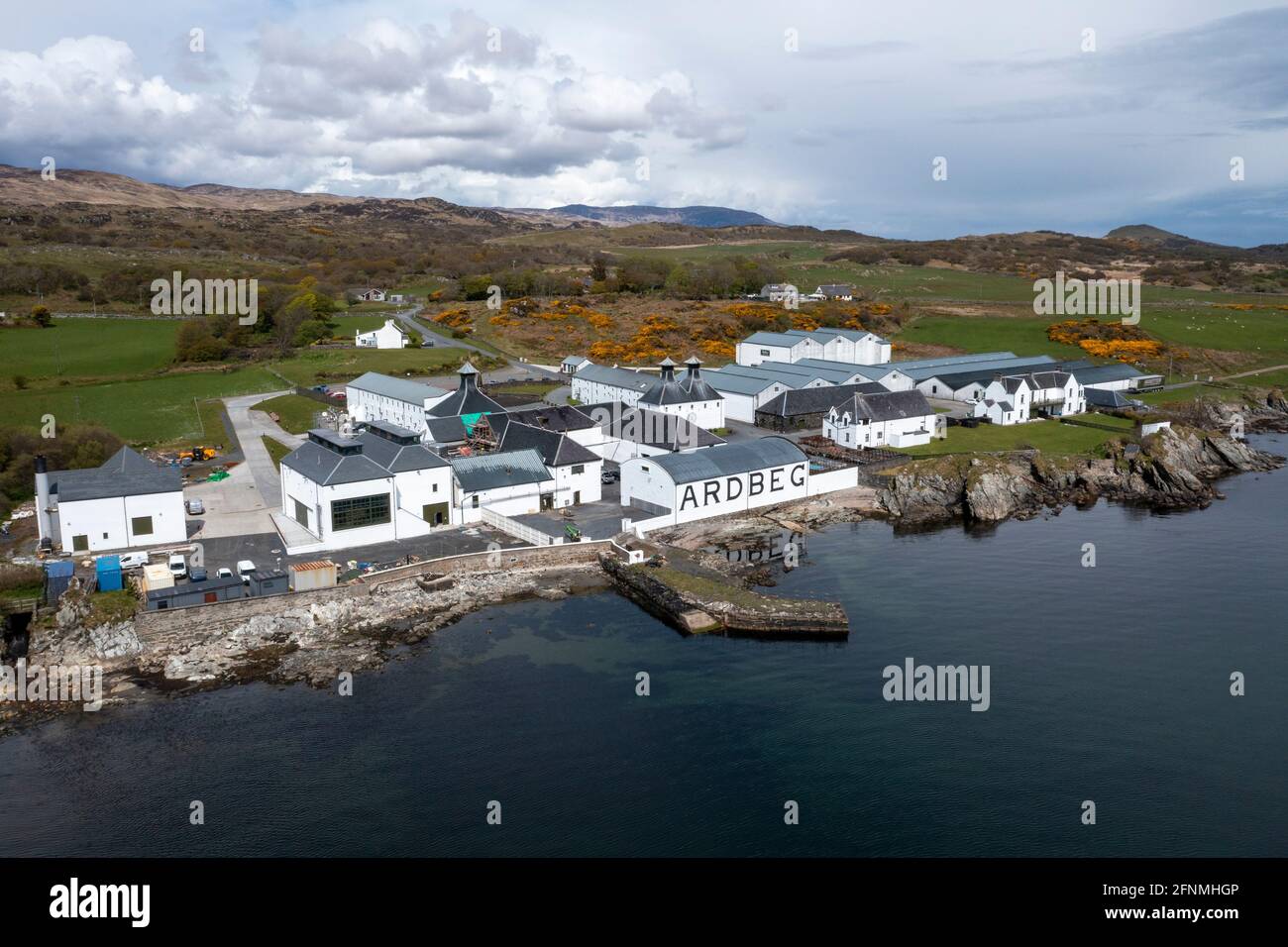 Aerial view of the Ardbeg Distillery, Islay, The distillery is owned by Louis Vuitton Moët Hennessy, and produces a heavily peated Islay whisky. Stock Photo