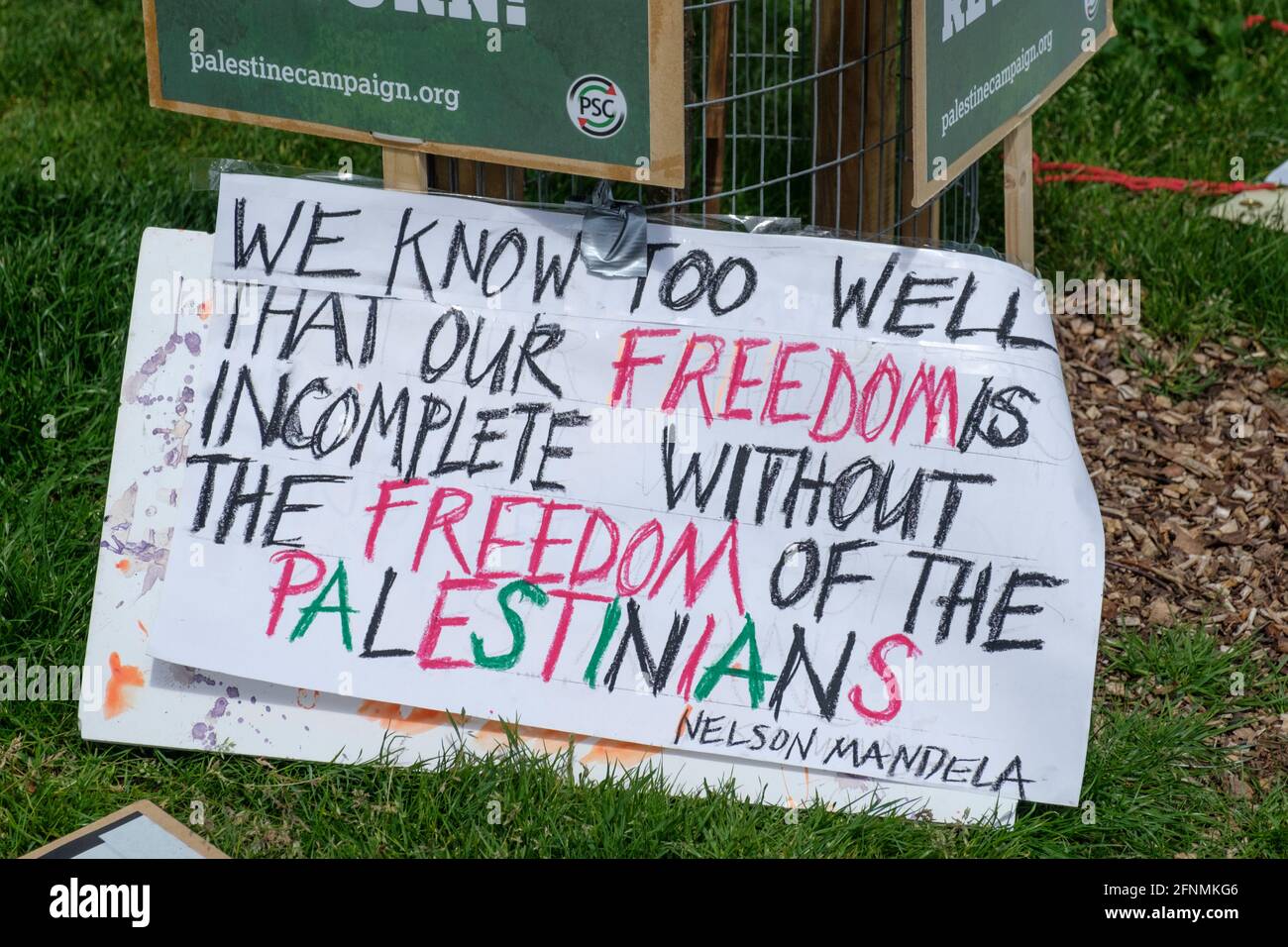 Pro Palestine Protest in Castle Park Bristol. Nelson Mandela quote. Stock Photo