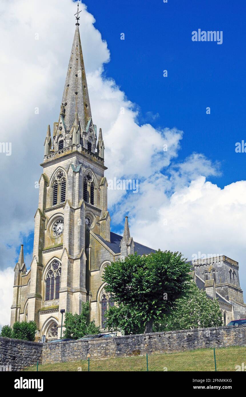 The late 19th Century Gothic revival church of St Martial, which dominates the eastern half of the town of Montmorillon, France. Stock Photo