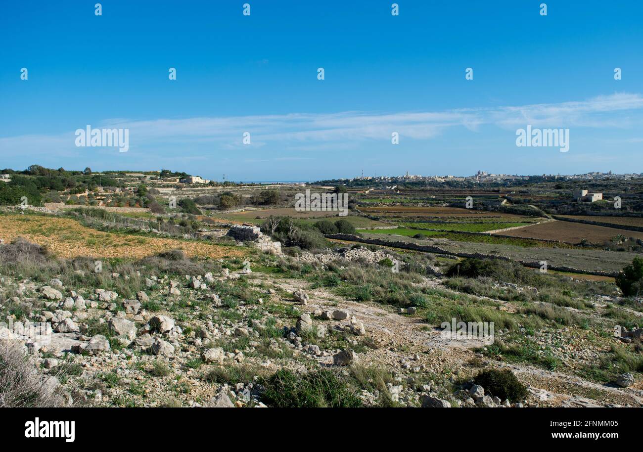 RABAT, MALTA - Nov 13, 2016: Countryside and agricultural land views along  the hills of Malta, photographed from Victoria Lines, Rabat on a sunny autu  Stock Photo - Alamy