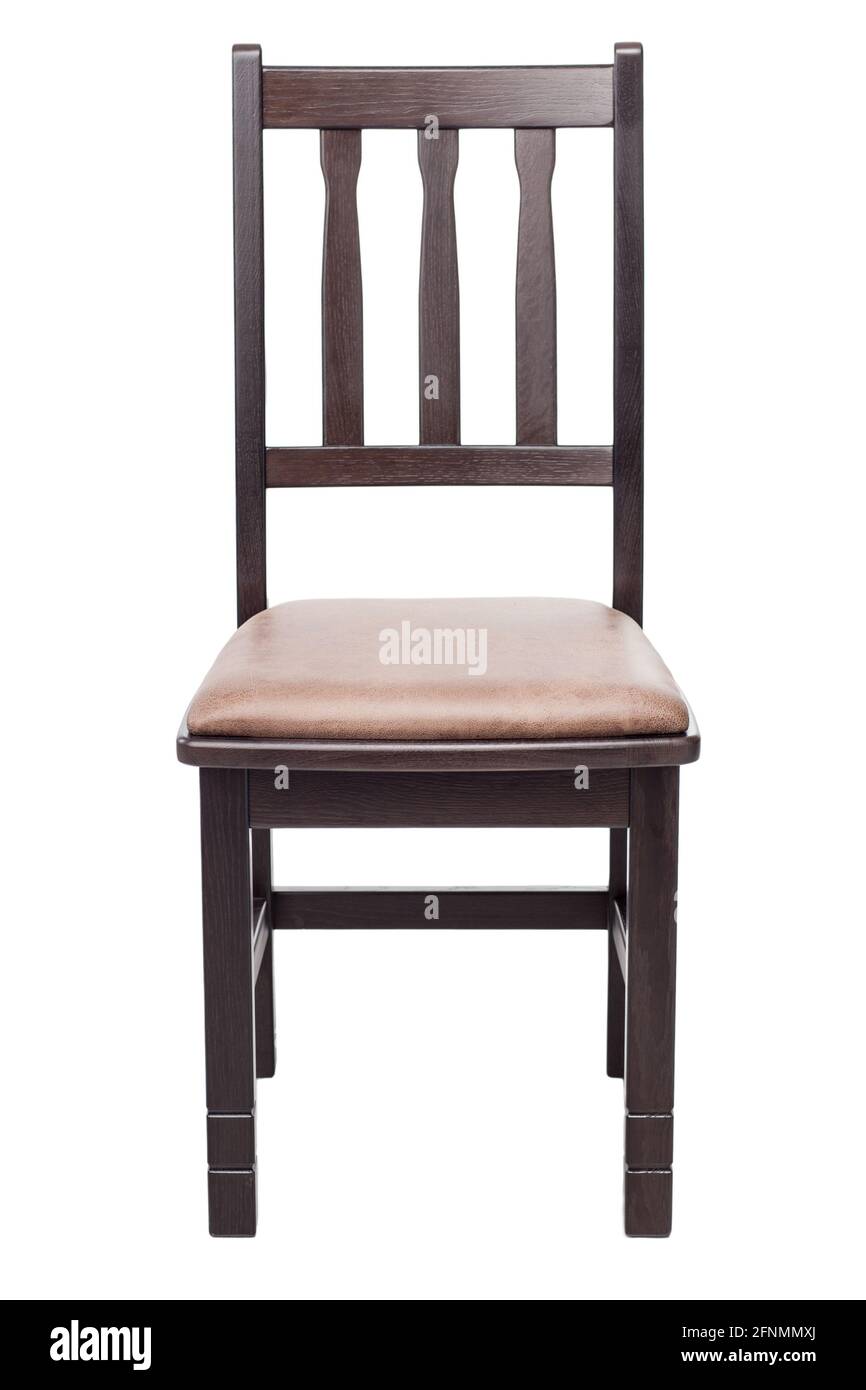 Classic brown wooden chair with a soft seat, with clipping path on a white background. Stock Photo