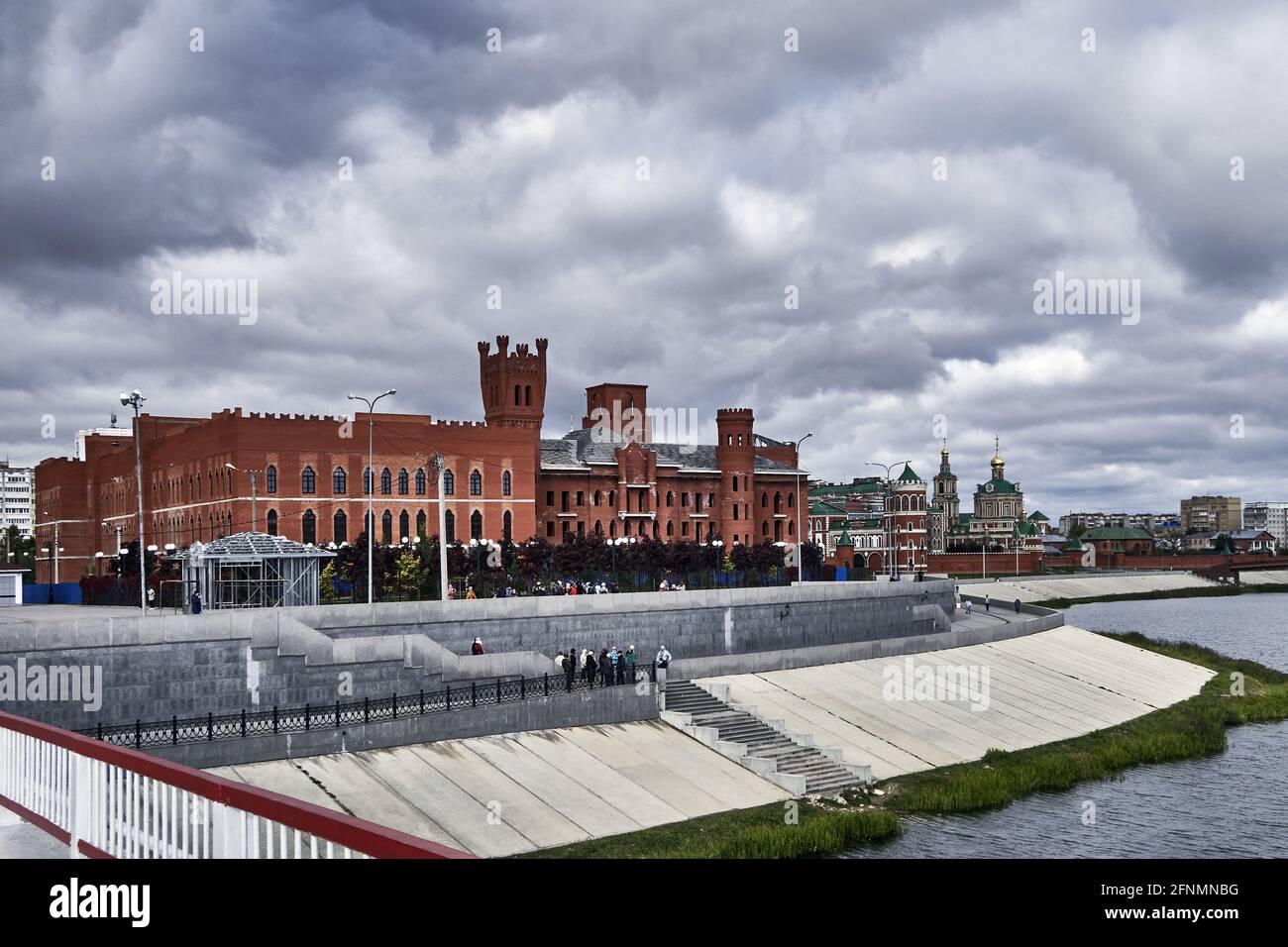 Russia; Europe;   Yoshkar-Ola city, the capital of the Republic of Mari El,in  Those three buildings are located along the river Koshaga, on the vast Stock Photo